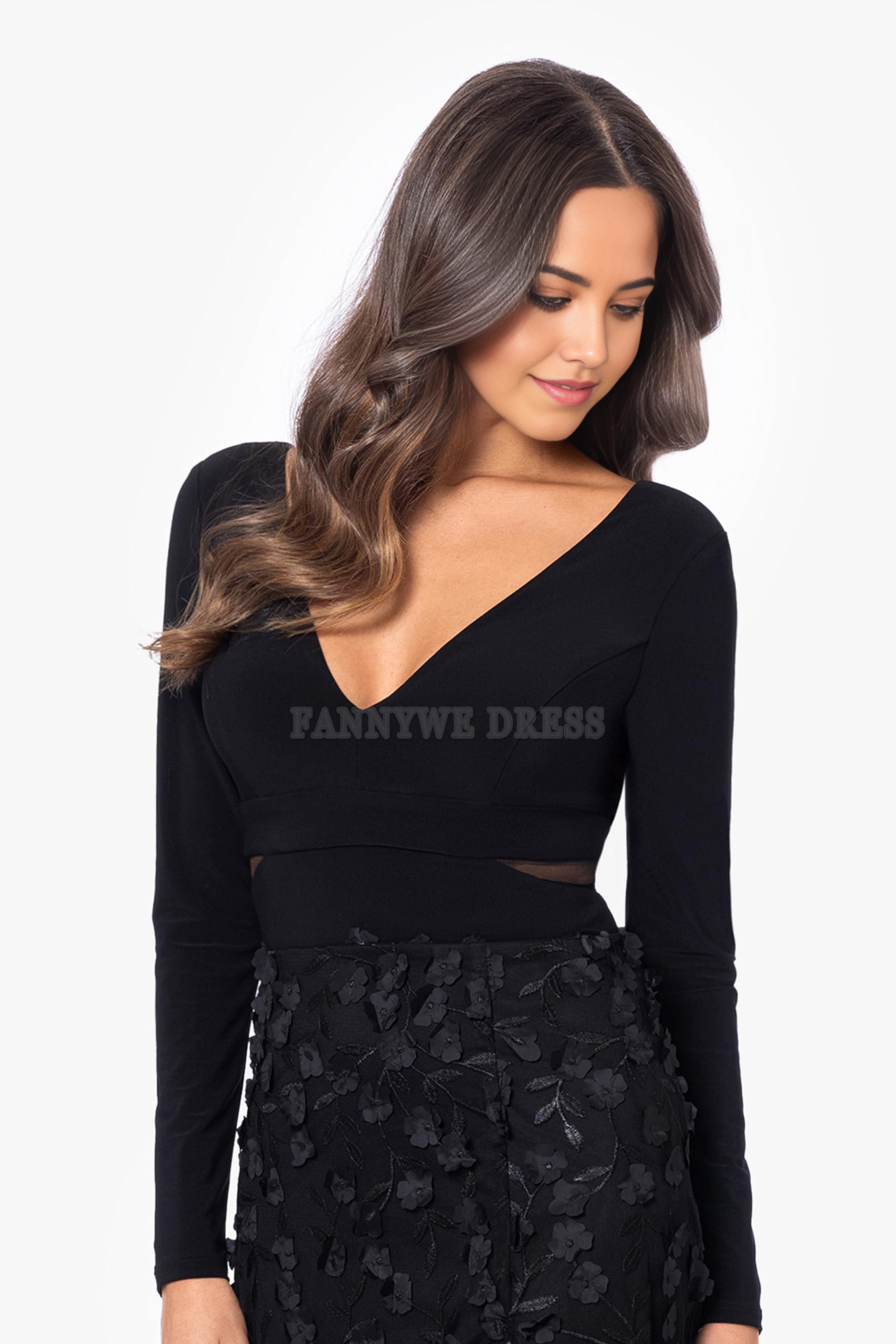 Vestido formal de manga larga con escote en V y estampado floral, estilo A, para dama de honor, de noche y fiesta.